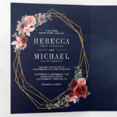 Marine Blauw Blush Roze Bourgondië Bloemen Bruilof Drieluik Uitnodiging (Binnenzijde eerst)