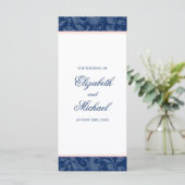 Marine Blauw Blush Roze Damast Swirl Bruiloft Prog Programmakaart (Staand voorkant)