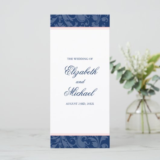 Marine Blauw Blush Roze Damast Swirl Bruiloft Prog Programmakaart (Staand voorkant)