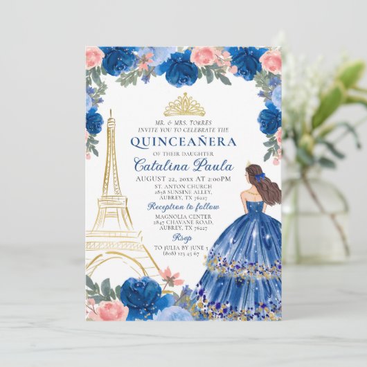Marine Blauw Blush Roze Goud Tiara Parijs Quinceañ Kaart (Staand voorkant)