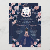 Marine Blauw & Blush Roze Prinses Kasteel Quinceañ Kaart (Voorkant / Achterkant)