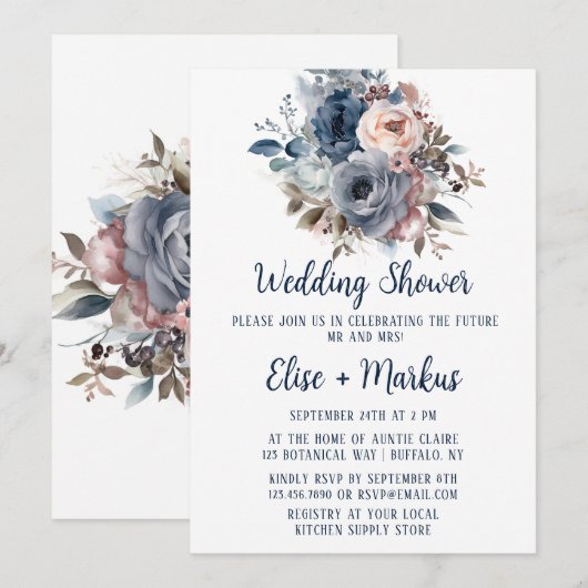 Marine Blauw Blush Roze Rozen Bruiloft Douche Kaart (Voorkant / Achterkant)