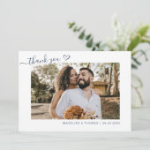 Marine Blauw Boho Eenvoudige Foto Hart Script Brui Bedankkaart (Staand voorkant)
