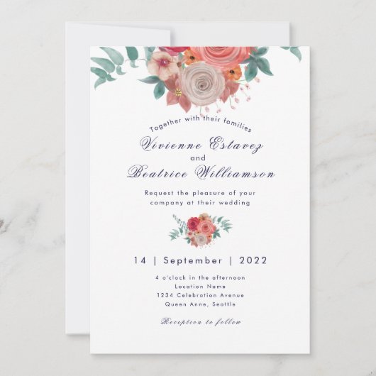 Marine blauw boho rode rozen bruiloft uitnodiging (Voorkant)