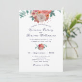 Marine blauw boho rode rozen bruiloft uitnodiging (Staand voorkant)