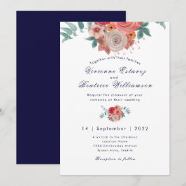 Marine blauw boho rode rozen bruiloft uitnodiging