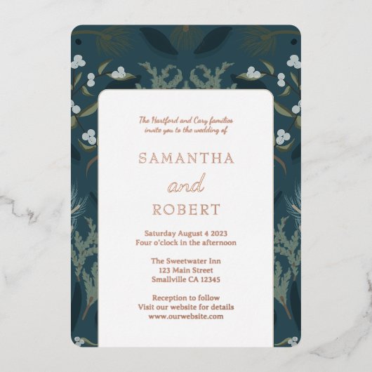 Marine Blauw Botanisch Wit Winter Bruiloft Folie Uitnodiging (Voorkant)
