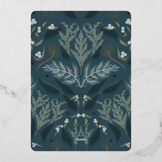 Marine Blauw Botanisch Wit Winter Bruiloft Folie Uitnodiging (Achterkant)