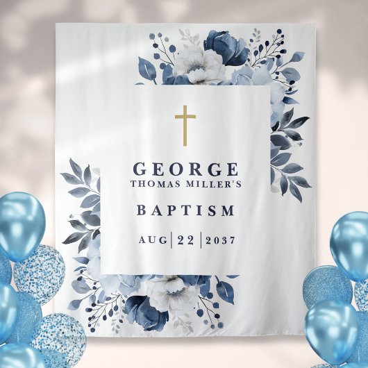 Marine Blauw Botanische Doop Foto Achtergrond Wandkleed