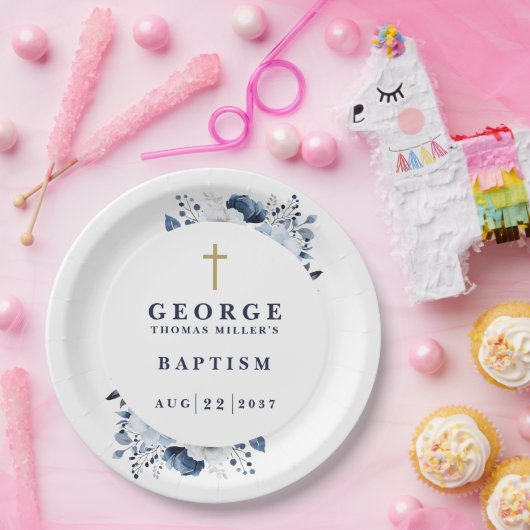 Marine Blauw Botanische Moderne Doop Papieren Bordje (Feest)