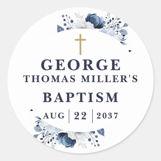 Marine Blauw Botanische Moderne Doop Ronde Sticker (Voorkant)