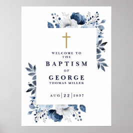 Marine Blauw Botanische Moderne Doop Welkomstbord Poster