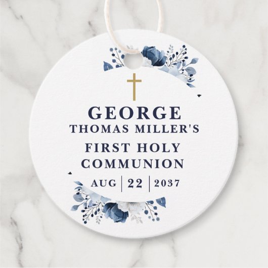 Marine Blauw Botanische Moderne Eerste Heilige Com Bedankjes Labels (Voorkant)