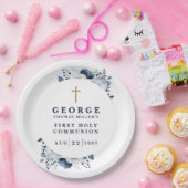 Marine Blauw Botanische Moderne Eerste Heilige Com Papieren Bordje (Feest)