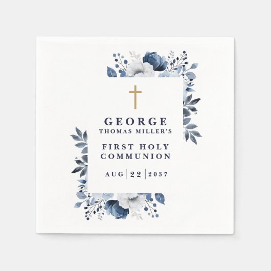 Marine Blauw Botanische Moderne Heilige Communie Servet (Voorkant)