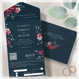 Marine Blauw | Bourgogne Floral | QR-code RSVP All In One Uitnodiging