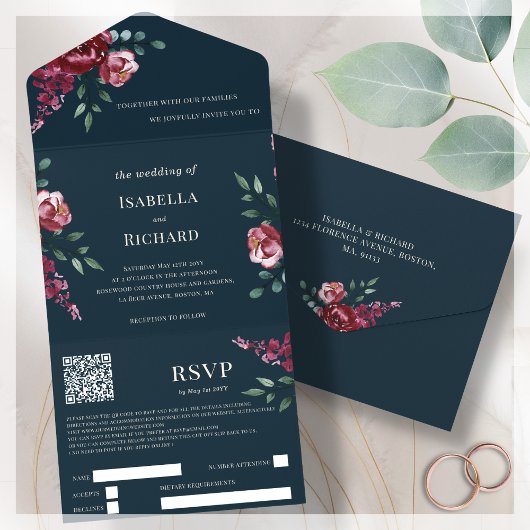 Marine Blauw | Bourgogne Floral | QR-code RSVP All In One Uitnodiging