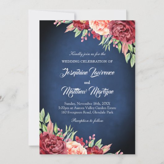 Marine Blauw Bourgondië Blush Elegant Bloemen Brui Kaart (Voorkant)