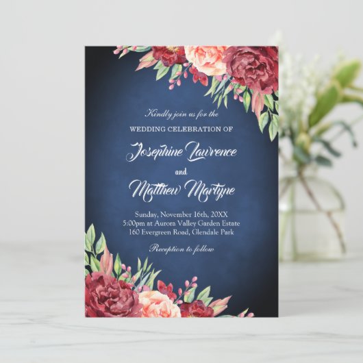 Marine Blauw Bourgondië Blush Elegant Bloemen Brui Kaart (Staand voorkant)