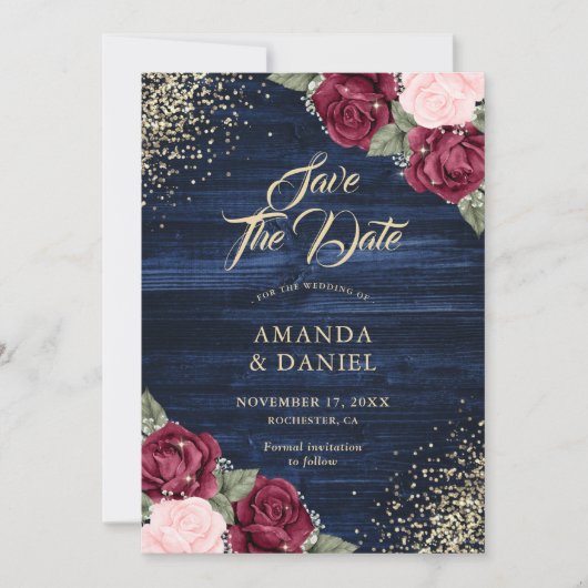 Marine Blauw Bourgondië Blush Goud Glitter Bruilof Save The Date (Voorkant)