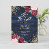 Marine Blauw Bourgondië Blush Goud Glitter Bruilof Save The Date (Staand voorkant)