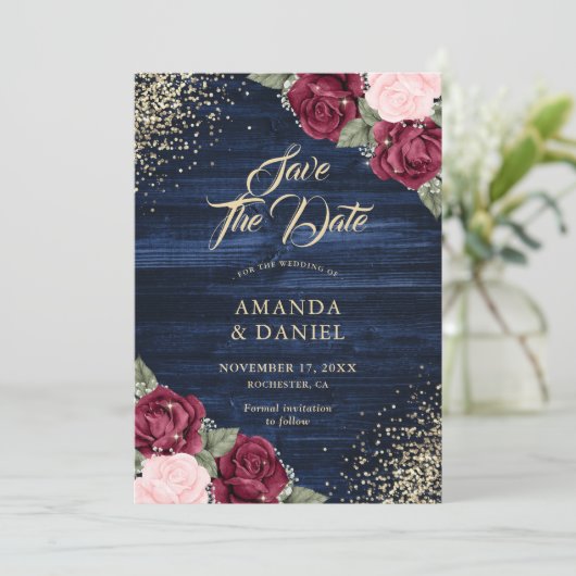 Marine Blauw Bourgondië Blush Goud Glitter Bruilof Save The Date (Staand voorkant)