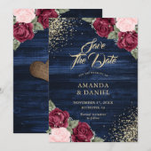 Marine Blauw Bourgondië Blush Goud Glitter Bruilof Save The Date (Voorkant / Achterkant)