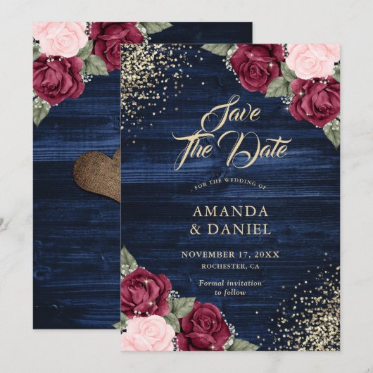 Marine Blauw Bourgondië Blush Goud Glitter Bruilof Save The Date (Voorkant / Achterkant)