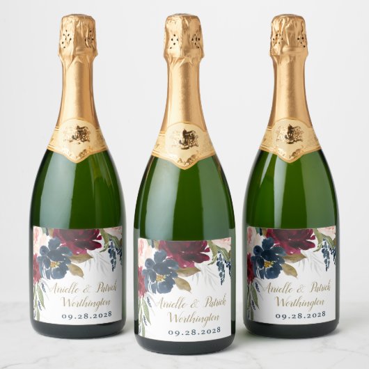 Marine Blauw Bourgondië Blush Roze Zilver Goud Bru Sparkling Wijnetiket (Flessen)