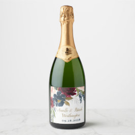 Marine Blauw Bourgondië Blush Roze Zilver Goud Bru Sparkling Wijnetiket