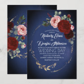 Marine Blauw Bourgondië en Goud Bloemen Boho Bruil Kaart (Voorkant / Achterkant)