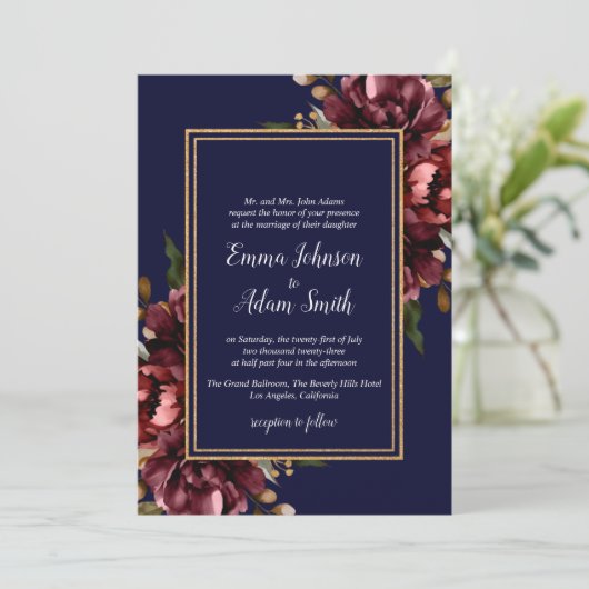 Marine Blauw Bourgondië Goud Bloemen Bruiloft Kaart (Staand voorkant)