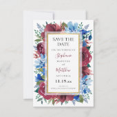 Marine Blauw Bourgondië Goud Bloemen Bruiloft Save The Date (Voorkant)