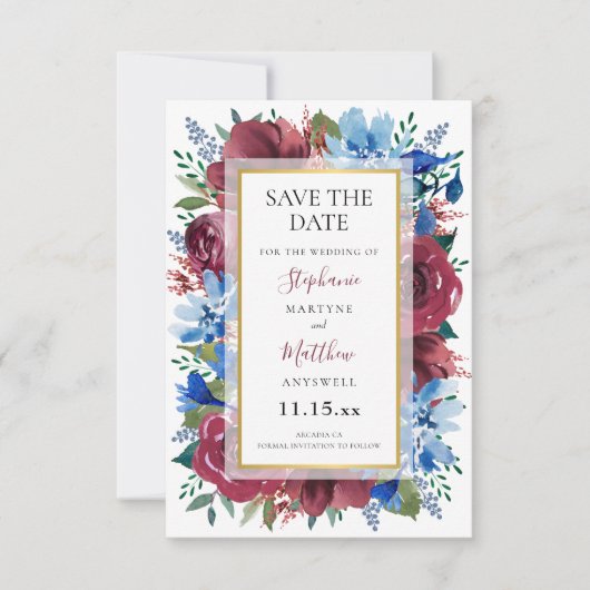 Marine Blauw Bourgondië Goud Bloemen Bruiloft Save The Date (Voorkant)
