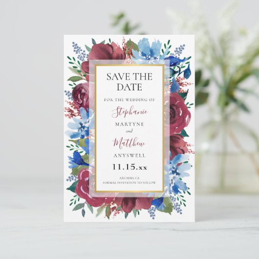 Marine Blauw Bourgondië Goud Bloemen Bruiloft Save The Date (Staand voorkant)