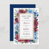 Marine Blauw Bourgondië Goud Bloemen Bruiloft Save The Date (Voorkant / Achterkant)