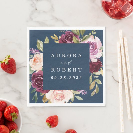 Marine Blauw Bourgondië Goud Blush Roze Bloemen Br Servet (Insitu)