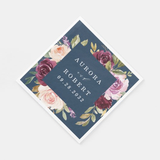 Marine Blauw Bourgondië Goud Blush Roze Bloemen Br Servet (Hoek)