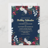 Marine Blauw | Bourgondische rode bloei bruiloft Kaart (Voorkant)