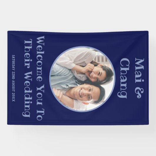 Marine Blauw Bruiloft Welkomstbord Paar Foto Banne Spandoek (Horizontaal)