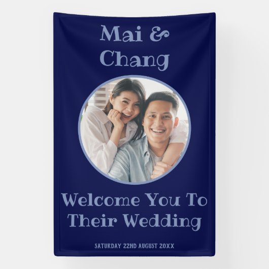 Marine Blauw Bruiloft Welkomstbord Paar Foto Banne Spandoek (Verticaal)