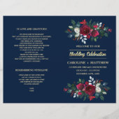 Marine Blauw | Burgundy Red Floral Wedding Program (Voorkant)