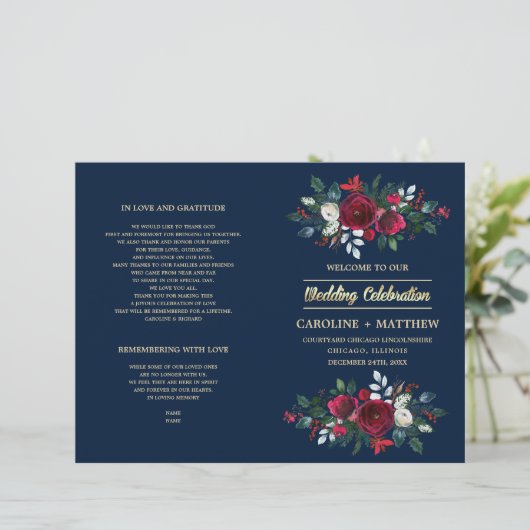 Marine Blauw | Burgundy Red Floral Wedding Program (Staand voorkant)