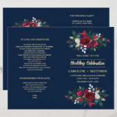 Marine Blauw | Burgundy Red Floral Wedding Program (Voorkant / Achterkant)