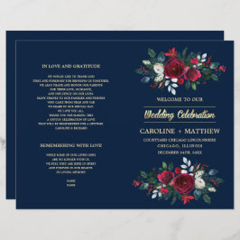 Marine Blauw | Burgundy Red Floral Wedding Program