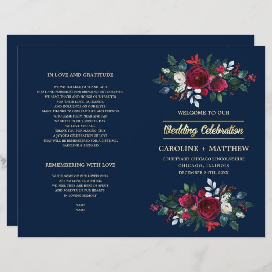 Marine Blauw | Burgundy Red Floral Wedding Program (Voorkant / Achterkant)