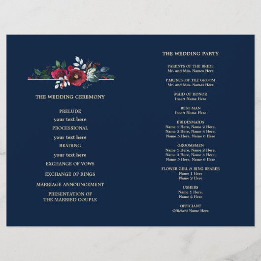 Marine Blauw | Burgundy Red Floral Wedding Program (Achterkant)