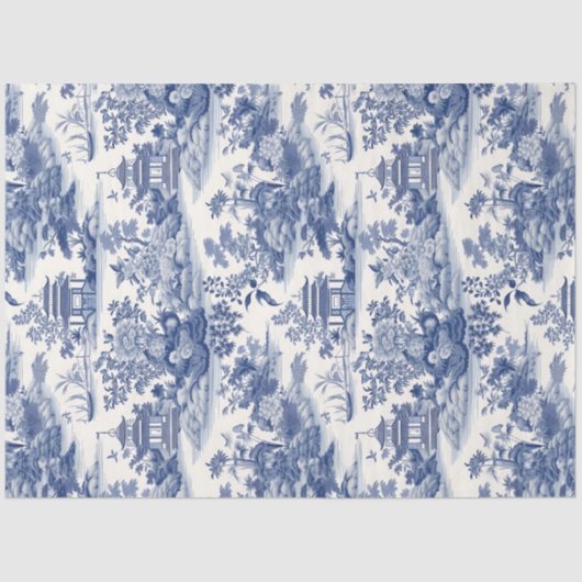 Marine blauw Chinoiserie bloemen gebouw kasteel Tissuepapier (Voorkant)