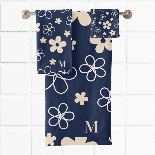 Marine blauw crème bloem patroon retro bad handdoek