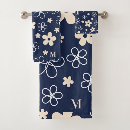 Marine blauw crème bloem patroon retro bad handdoek (Insitu)